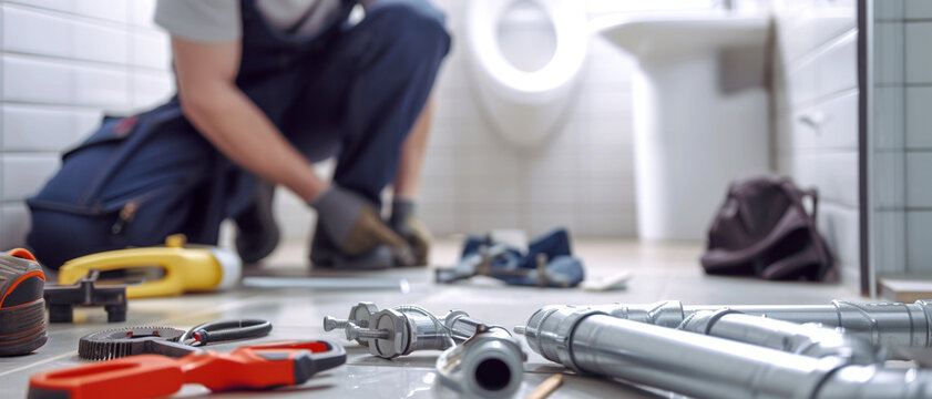 A plumber at work on a bathroom floor, tools and pipes around, focused on fixing the issue at hand