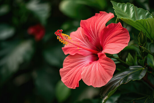 close-up of a blooming hibiscus flower, its petals a vibrant shade of red
