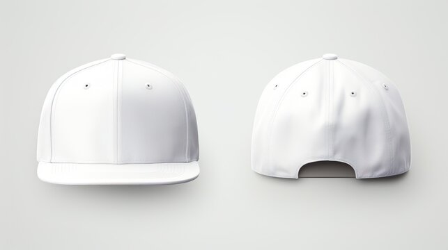 White classic snapback front and back in pure white without logo on grey background as a design mockup