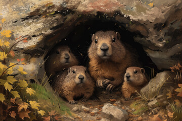 charming illustration of a groundhog family peeking out of their burrow on Groundhog Day - obrazy, fototapety, plakaty