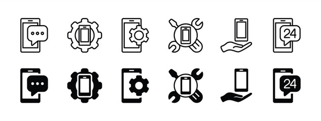 Mobile phone service thin line icon set. Containing smartphone, support 24 hours, settings, chat, call center, contact, message. Vector illustration