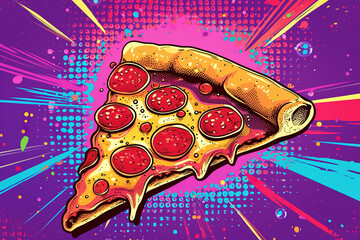 Delicious pepperoni pizza in colorful comic style illustration. Fastfood in popart concept. © Tepsarit