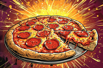 Delicious pepperoni pizza in colorful comic style illustration. Fastfood in popart concept.