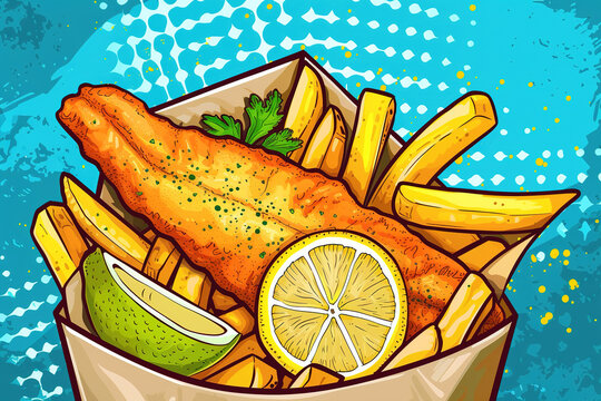 Delicious fish and ships in colorful comic style illustration. Fastfood in popart concept.
