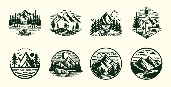mountain adventure outdoor logo vector set, retro style. logo of explorer, adventure, hiking, camping, wild life. vector illustration set
