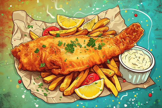 Delicious fish and ships in colorful comic style illustration. Fastfood in popart concept.