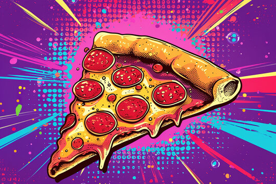 Fototapeta Delicious pepperoni pizza in colorful comic style illustration. Fastfood in popart concept.