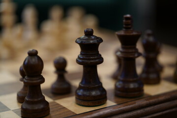 Close-up of chess board with pieces