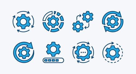 Set of business process icon. Containing workflow, productivity, optimization, sync, efficiency, refresh gear arrow, configuration, operation, improvement, and maintenance. Vector illustration