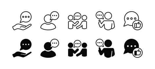 Speaking and Communication thin line icon set. Containing advice, conversation, speech bubble, suggestion, talking, consultation and discussion. Vector illustration