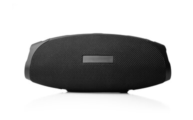 Portable wireless audio speaker isolated on white background.
