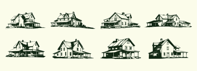farm house sketch illustration set, hand drawn style. rustic farm, countryside house drawing, vector illustration - obrazy, fototapety, plakaty