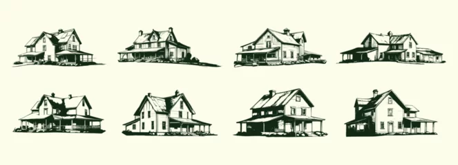Selbstklebende Fototapeten farm house sketch illustration set, hand drawn style. rustic farm, countryside house drawing, vector illustration © Fridocha