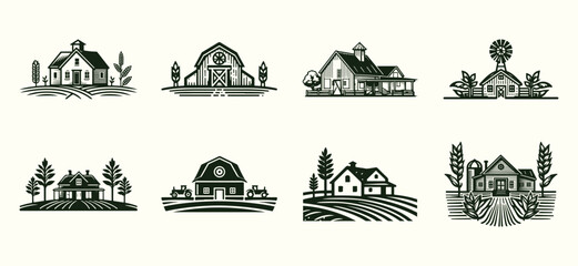 farm house agricultural logo set, retro style. logo of farmhouse plantation landscape concept, isolated on white background. vector illustration - obrazy, fototapety, plakaty