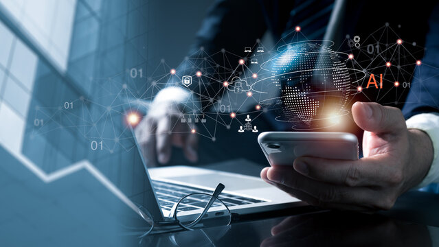 Global business, e-commerce idea, and digital marketing. A businessman utilizing a laptop computer and a mobile phone with social media marketing, IoT, and global internet connectivity technologies