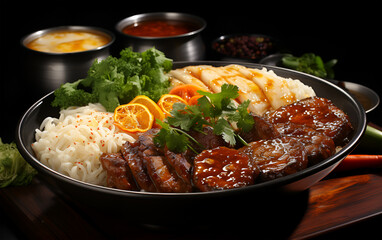 View of Beautiful delicious food meat noodle BBQ yum tum menu on a plate