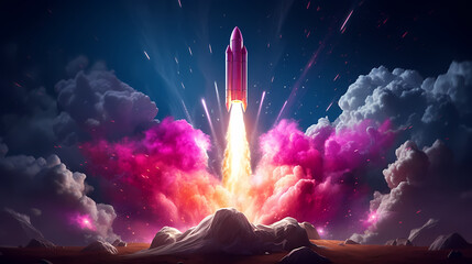 Amazing scene of a space rocket launching from Earth - obrazy, fototapety, plakaty