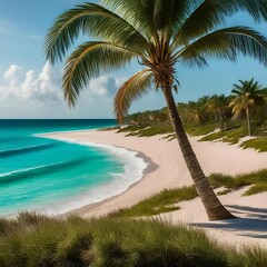 A tranquil beach scene with clear turquoise waters, white sands, and a prominent palm tree under a clear blue sky.