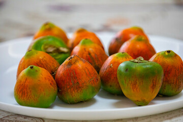 Rare and exotic fruit of the peach palm (Bactris gasipaes), typical fruit of the Brazilian tropical forests, Amazonas, Pará, Rondônia and Acre