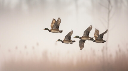 A group of 5 Northern pintails flies through fog.