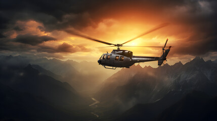 Helicopter flying over mountain range with the sun