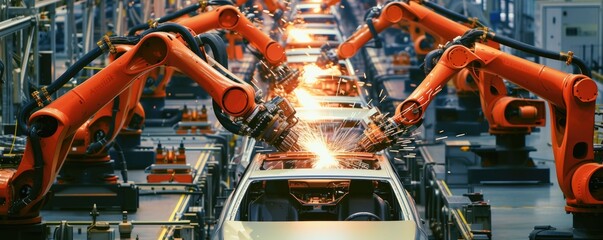 Automated robot arm assembly car parts at line in an automotive factory.