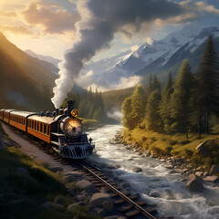 A vintage train traveling through scenic landscape