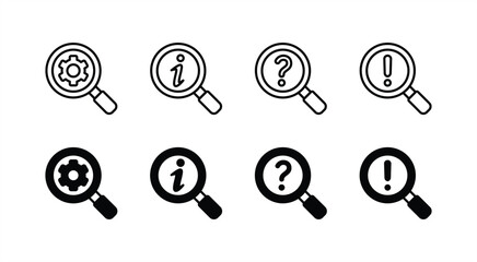 Searching icon set for settings, information, question and answer. Magnifier with gear service, support sign containing exclamation, query, and info help assistance. Vector illustration