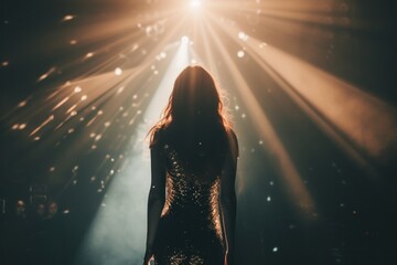 Behind the singer is a lonely girl in a sparkling dress. The spotlight shone on her on the concert stage. - obrazy, fototapety, plakaty