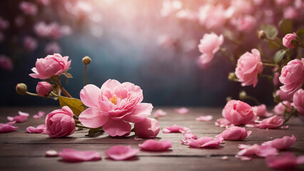 A tranquil scene with a pink floral background devoid of any human presence and picture the delicate petals and vibrant hues as they create a peaceful and serene atmosphere