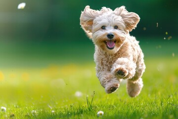 Cute dog running and playing on the green grass in the park Flower flying concept. Product. Pet food - obrazy, fototapety, plakaty