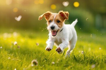 Cute dog running and playing on the green grass in the park Flower flying concept. Product. Pet food