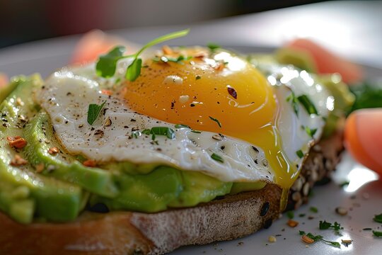 A close-up of a gourmet avocado toast topped with a perfectly fried egg Healthy Breakfast. Egg and Avocado Toast