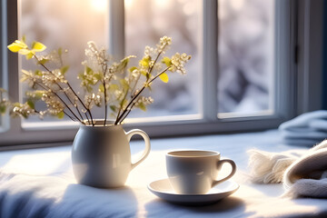 Details of a still life in the living room of a home interior. White cup of coffee and scarf near a frozen window. Cozy spring winter concept. Playground AI platform