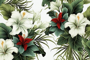 Tropical vintage hibiscus plumeria floral green leaves on white background.