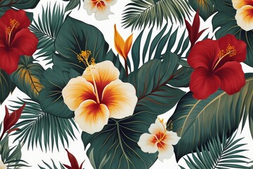 Tropical vintage hibiscus plumeria floral green leaves on white background.