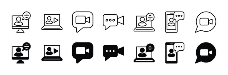 Online video service and support icon set. Containing digital communication, mobile video call course, business meeting, remote work, discussion. Vector illustration