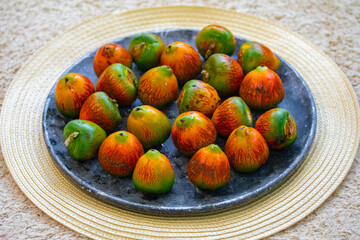 Rare and exotic fruit of the peach palm (Bactris gasipaes), typical fruit of the Brazilian tropical forests, Amazonas, Pará, Rondônia and Acre