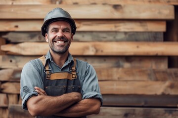 Smiling carpenter standing looking at camera in uniform processed wood background - obrazy, fototapety, plakaty