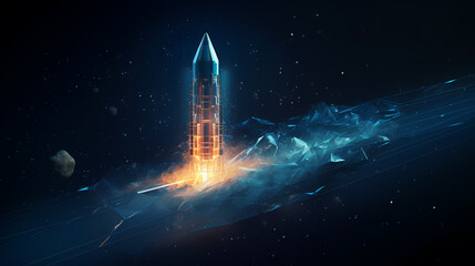 Space exploration concept with rocket launched into the stars, spaceship background