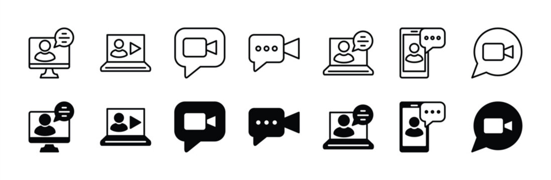 Online video service and support icon set. Containing digital communication, mobile video call course, business meeting, remote work, discussion. Vector illustration