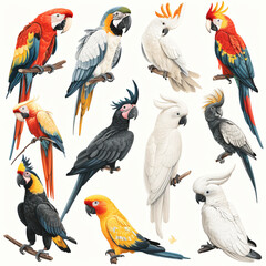 Fototapeta premium A large set of cockatoo parrots. Realistic illustration.