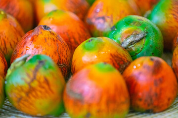 Rare and exotic fruit of the peach palm (Bactris gasipaes), typical fruit of the Brazilian tropical forests, Amazonas, Pará, Rondônia and Acre