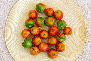 Rare and exotic fruit of the peach palm (Bactris gasipaes), typical fruit of the Brazilian tropical forests, Amazonas, Pará, Rondônia and Acre