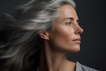 Middle aged woman showing off her beautiful, natural, grey hair