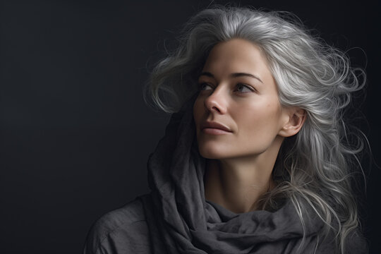 A middle aged woman looking into the side with her long, natural, grey hair