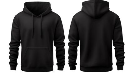 Black classic Hoodie front and back in pure black without logo on transparentbackground