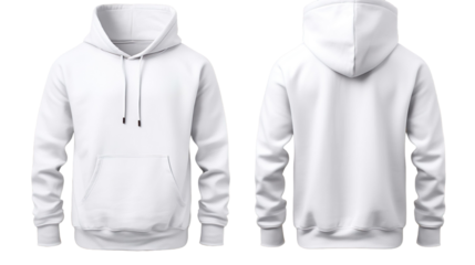 White classic Hoodie front and back in pure white without logo on transparent background 