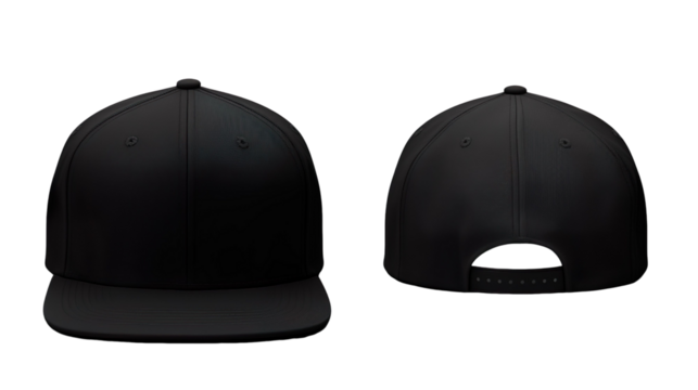Black classic Snapback front and back in pure black without logo on transparent background