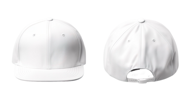 White classic snapback front and back in pure white without logo on transparent background as a design mockup